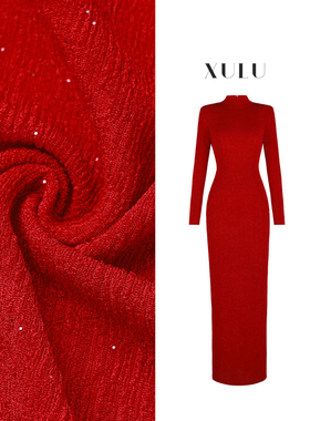 XULU原创秋冬轻奢红色醋酸性感包臀裙气质知性半高领长袖连衣裙