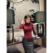 XULU原创秋季 上衣 显瘦高领七分袖 纯色慕斯绒打底衫 通勤百搭修身