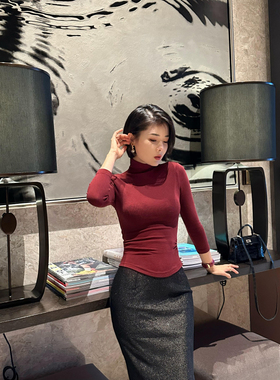 XULU原创秋季纯色慕斯绒打底衫通勤百搭修身显瘦高领七分袖上衣