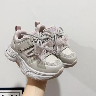 【香港秀才】2026冬款蕾丝蝴蝶结女童老爹鞋加绒保暖儿童运动鞋潮