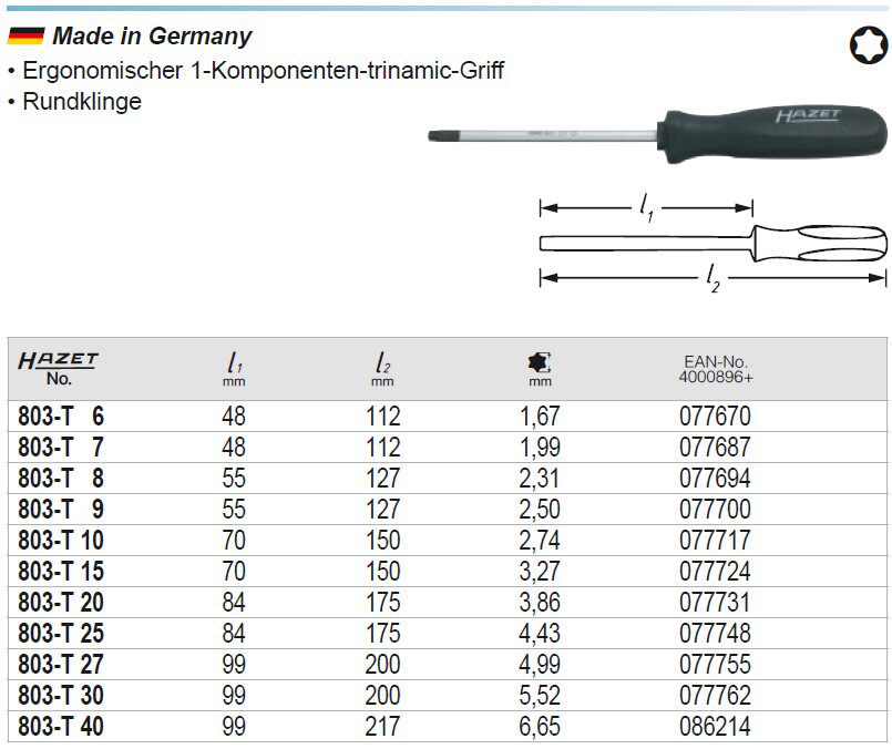 독일 HAZET 별 드라이버 TORX 드라이버 803-T7 독일 수입 수공구 HAZET