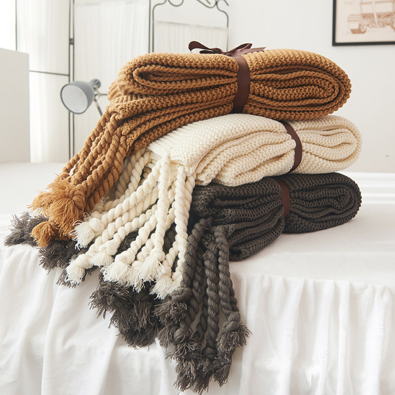 北欧流苏毛线盖毯针织休闲毛毯办公室装饰午睡沙发样板房床尾毯子