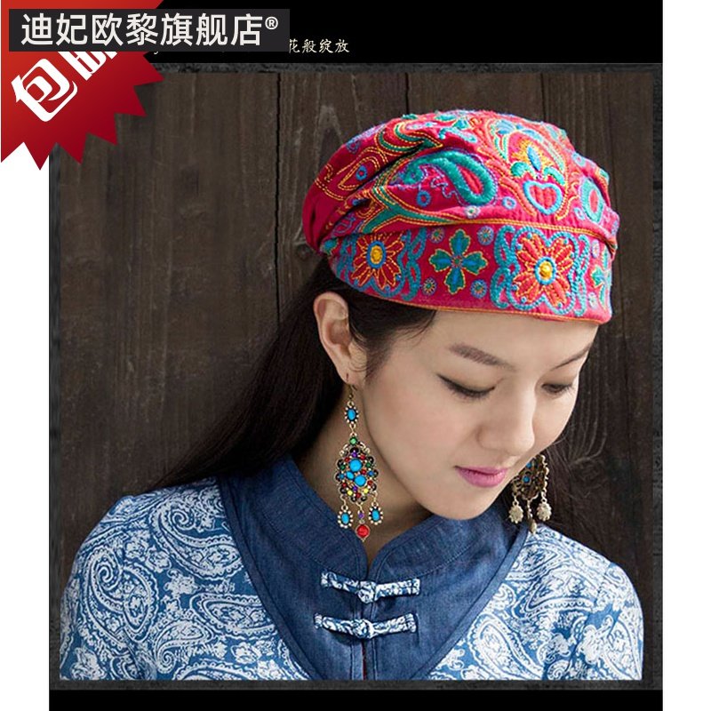 包邮民族风新款头巾复古休闲时尚旅游百搭潮流棉麻刺绣花女士帽子
