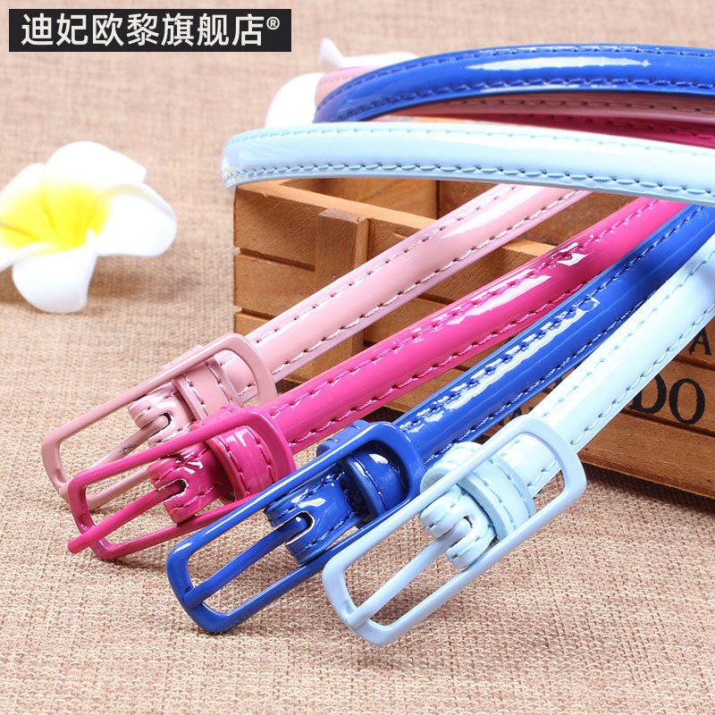 女士漆皮红黄黑白糖果色细腰带