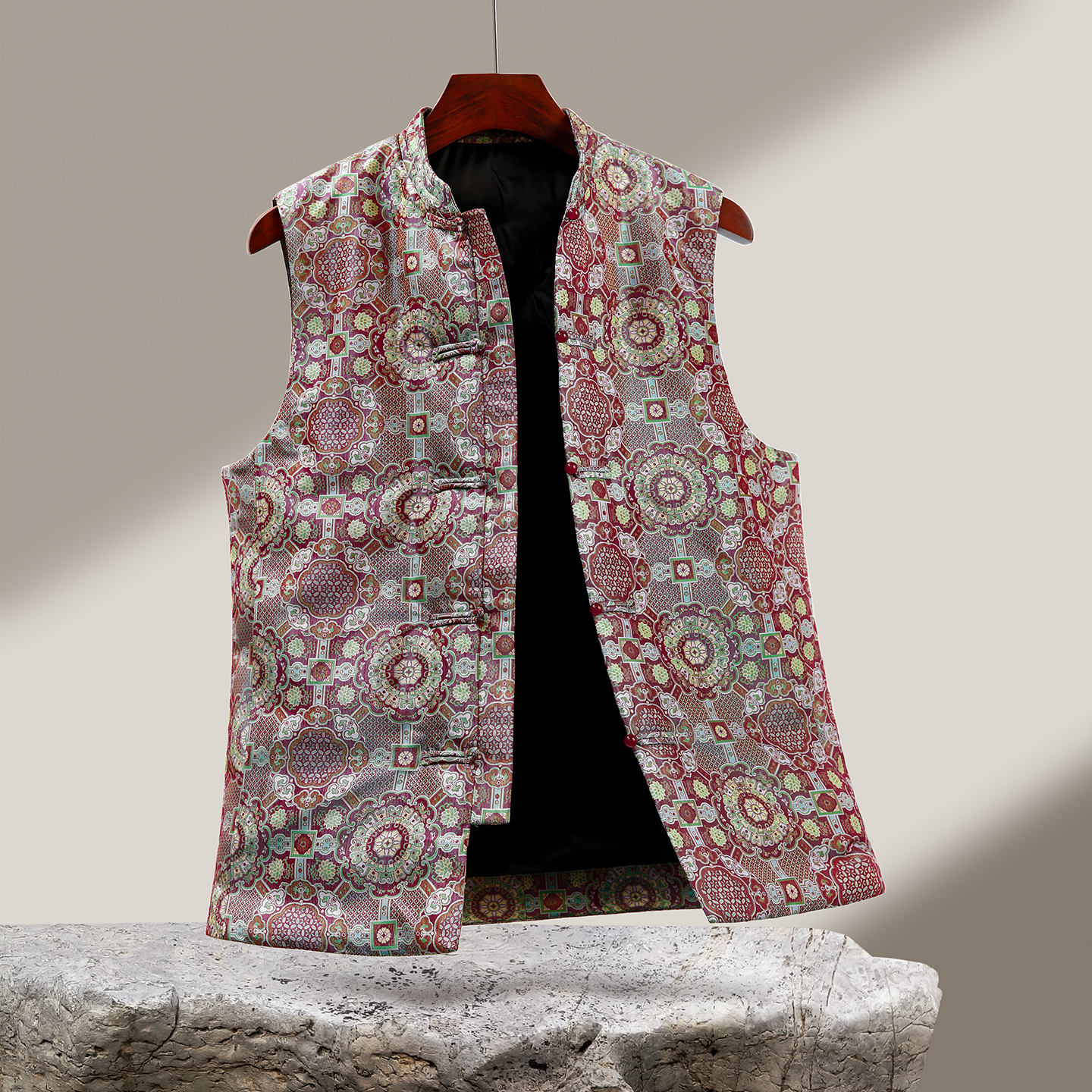 八达韵蜀锦秋冬白鸭绒羽绒马甲男士桑蚕丝中国风立领宽松保暖上衣