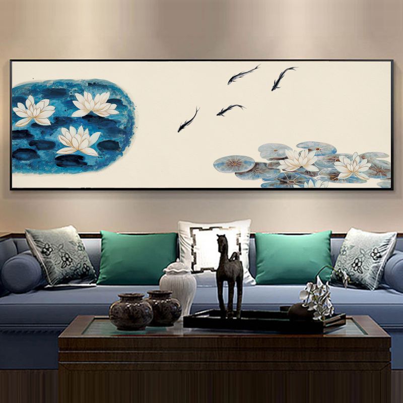 手绘水墨荷花客厅装饰画沙发背景墙挂画背景墙自粘贴画房间壁画图片