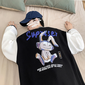 Y8889 P55 室内港风 拼色棒球领港风情侣棒球服兔子印花开衫卫衣图片