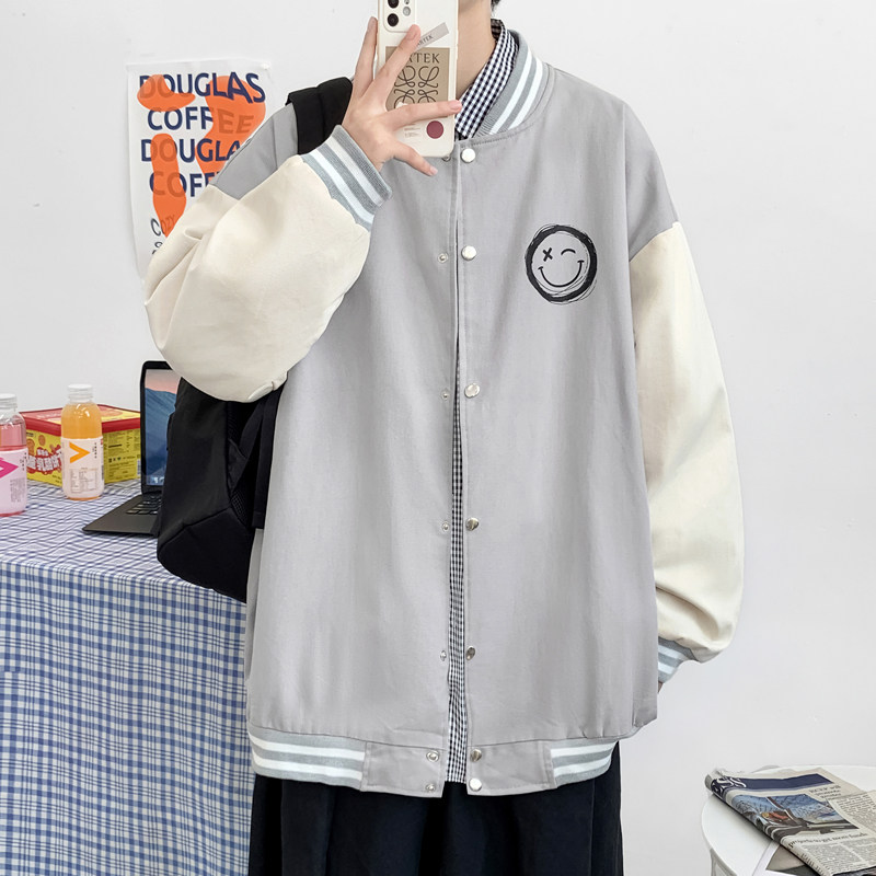 J905P53室内港风百搭学生情侣笑脸印花拼色棒球领夹克棒球服,男装夹克,电商A050