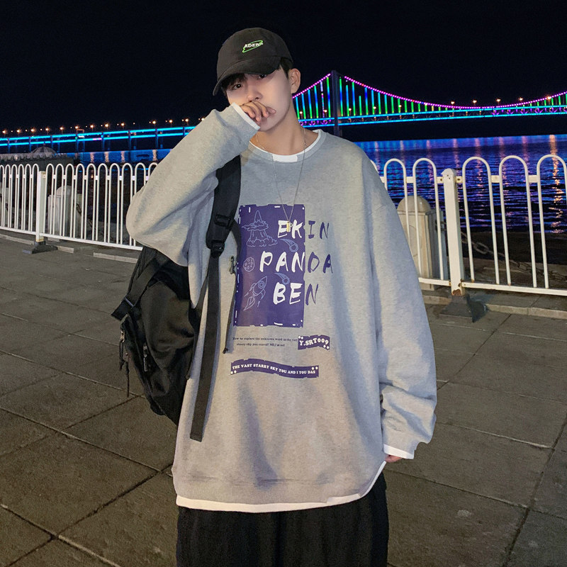 Y002P45港风外景假两件圆领套头卫衣字母印花卫衣,男装卫衣,电商A050