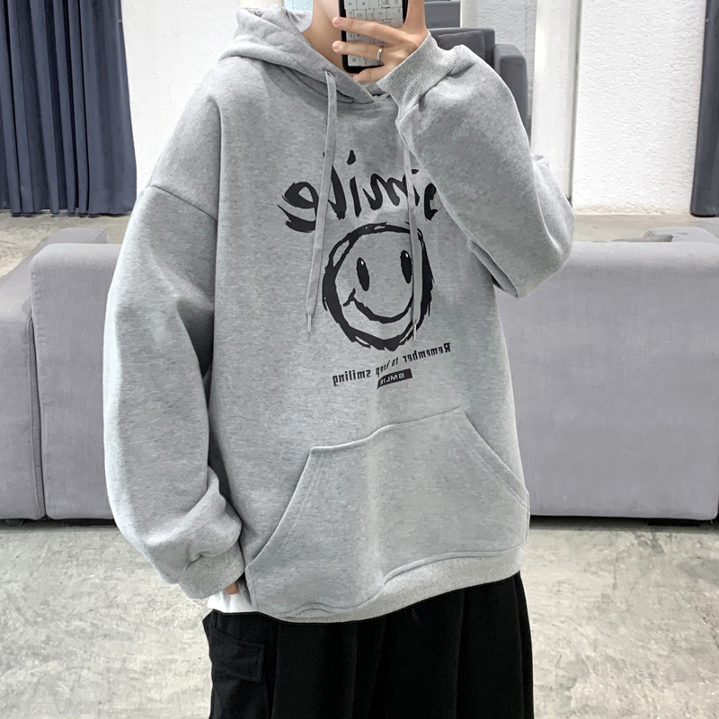 Y109P32基地港风百搭休闲情侣港风笑脸印花连帽套头卫衣加大码，男装卫衣，电商A050