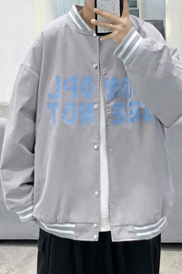 J906 P50 基地港风 宽松休闲春夹克字母印花情侣棒球领棒球服港风图片