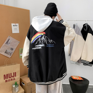 J909 P55 室内港风 情侣港风夹克棒球领彩虹印花棒球服学生雪山潮图片