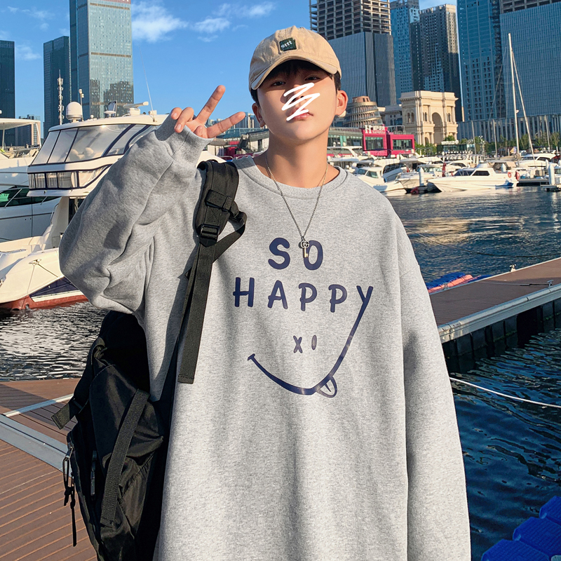 Y102P32港风外景情侣宽松休闲卫衣圆领套头卫衣笑脸印花卫衣，男装卫衣，电商A050
