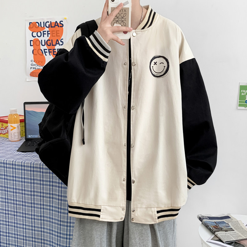 J905P53室内港风笑脸印花港风棒球领棒球服情侣拼接撞色夹克,男装夹克,电商A050