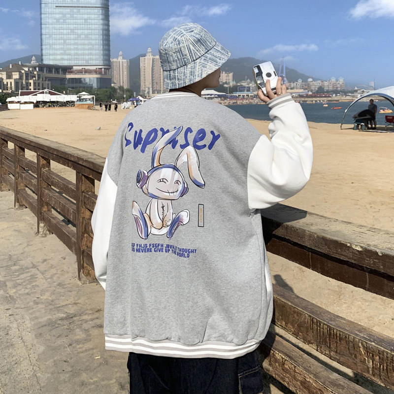 Y8889P55港风外景学生情侣港风棒球领开衫卫衣棒球服兔子印花,男装卫衣,电商A050