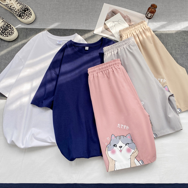 W2031P42港风平铺圆领套装纯棉短袖卡通猫咪印花休闲短裤运动，男装休闲裤，电商A050
