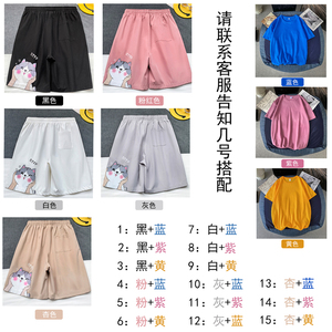 W2031 P42 港风平铺 圆领套装纯棉短袖卡通猫咪印花休闲短裤运动图片