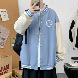 J905 P53 室内港风  棒球领服宽松情侣港风笑脸印花港风拼色夹克图片
