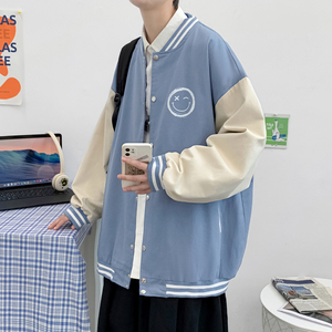 J905 P53 室内港风  棒球领服宽松情侣港风笑脸印花港风拼色夹克图片