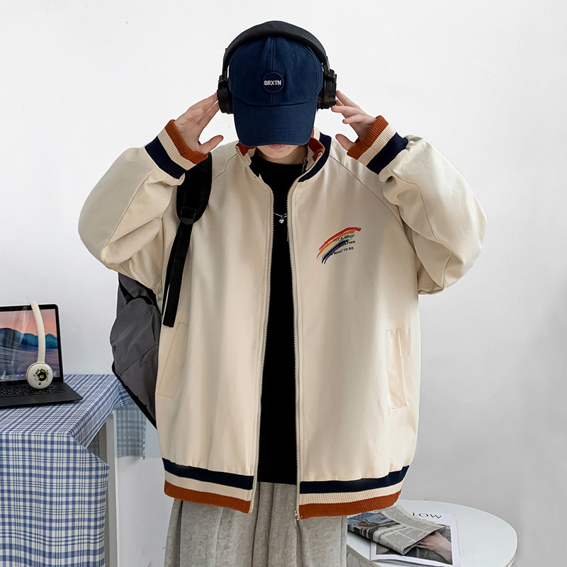 J908P45室内港风立领撞色开衫夹克休闲宽松彩虹印花港风情侣春,男装卫衣,电商A050