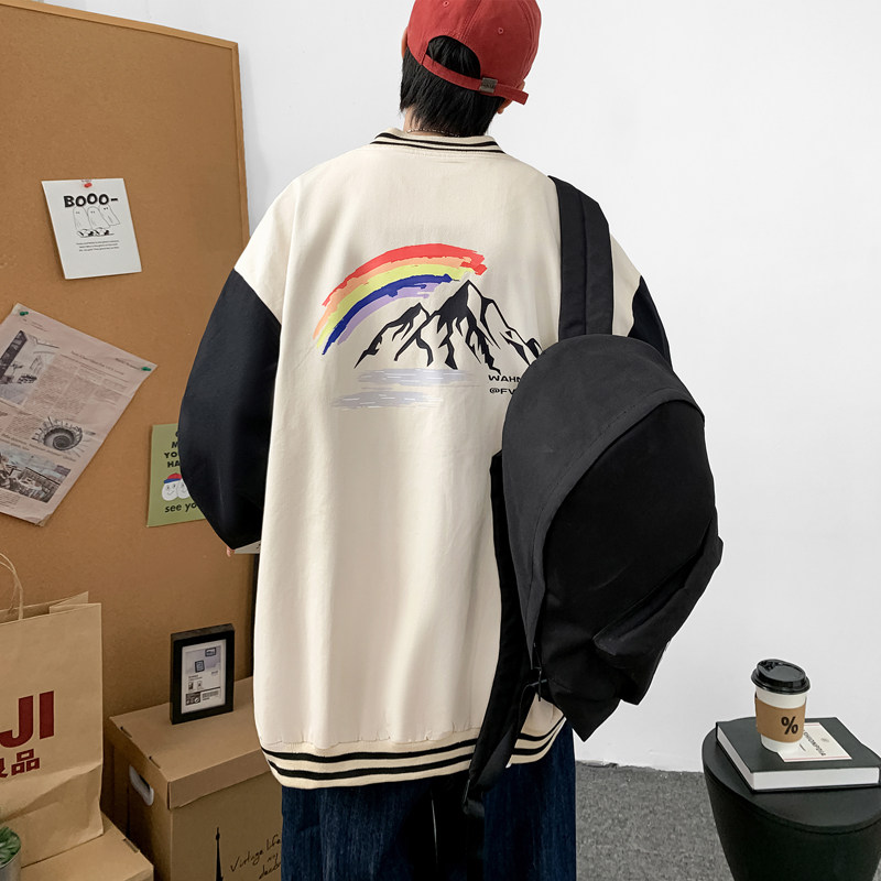 J909P55室内港风潮流港风夹克彩虹雪山印花棒球领情侣棒球服春,男装夹克,电商A050