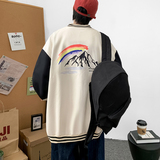 J909P55室内港风潮流港风夹克彩虹雪山印花棒球领情侣棒球服春，男装夹克，电商A050