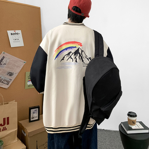 J909 P55 室内港风 潮流港风夹克彩虹雪山印花棒球领情侣棒球服春图片