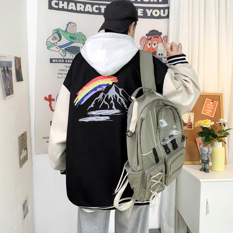 J909P55室内港风宽松港风情侣彩虹印花夹克棒球领棒球服休闲春,男装夹克,电商A050