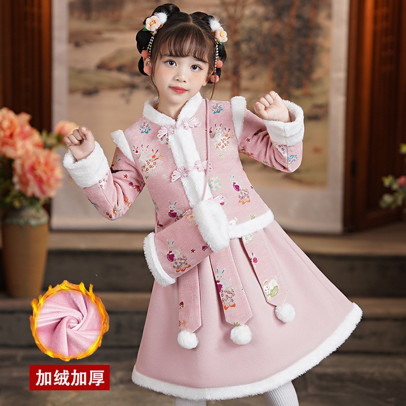 女童拜年服套装2025新款冬季儿童加绒加厚两件套中国风汉服童装裙