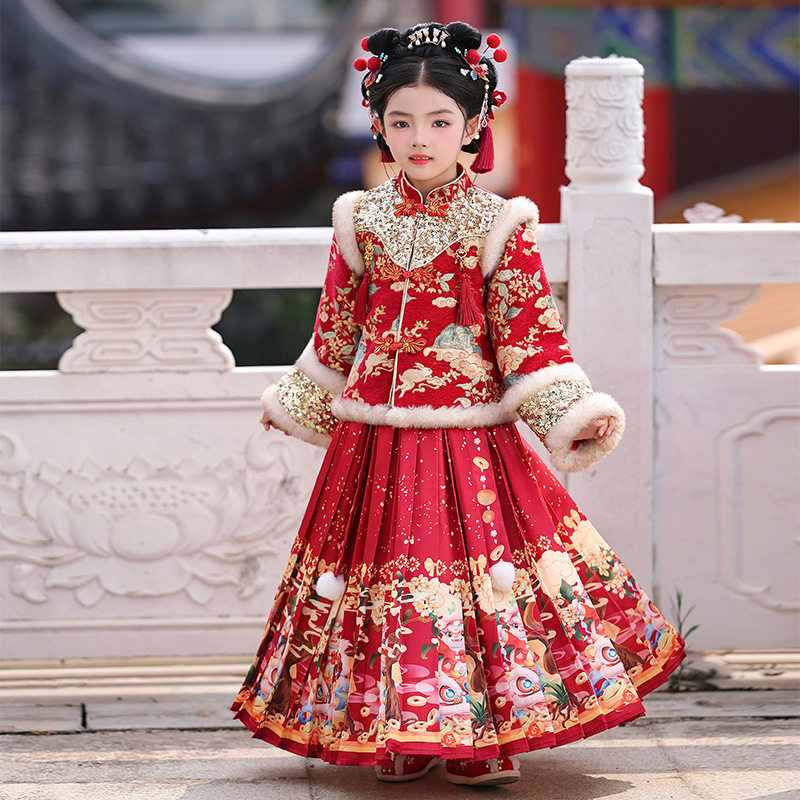 拜年服女童2026新款冬季加绒红色中国风儿童汉服小女孩唐装裙套装