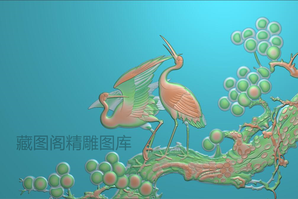 檀雕松鹤靠背精雕图灰度图浮雕图精品花鸟沙发椅背板双鹤730x485