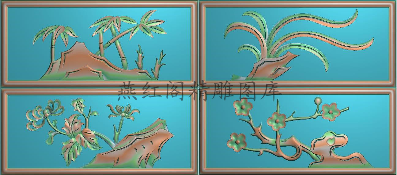 新款四季花鸟精雕图灰度图浮雕精品梅兰竹菊小横板围板抽斗153x68 - 实物图