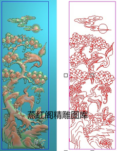 精雕图灰度图浮雕图松鹤延年竖背板花鸟松鹤书柜衣柜门板顶鹤靠背