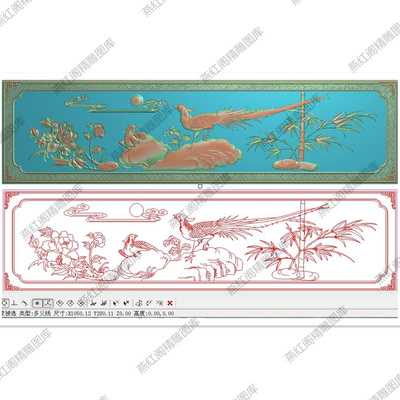 精雕图牡丹竹子花鸟沙发大床背板锦鸡凤凰祥云横屏灰度图浮雕图