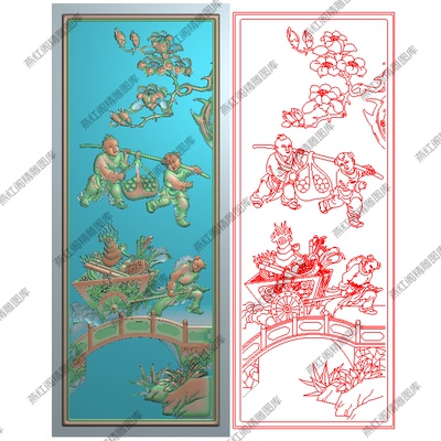 精雕图灰度图童子招财进宝玉兰花山水沙发餐椅背板门板竖182x476