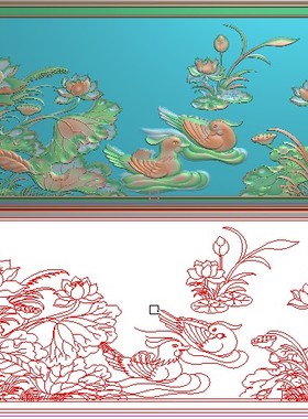 新款蜻蜓莲花精雕图灰度图花鸟浮雕精品荷花鸳鸯背板后板923x315