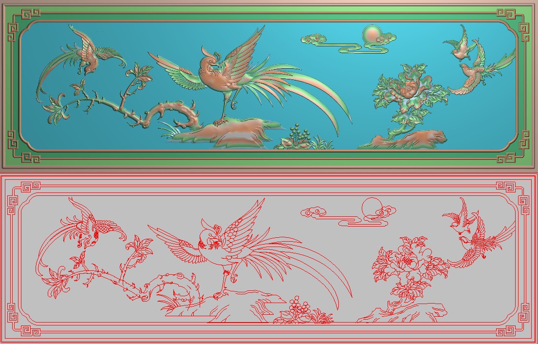 花鸟床靠背精雕图灰度图浮雕精品祥云太阳凤凰牡丹背板横951x304