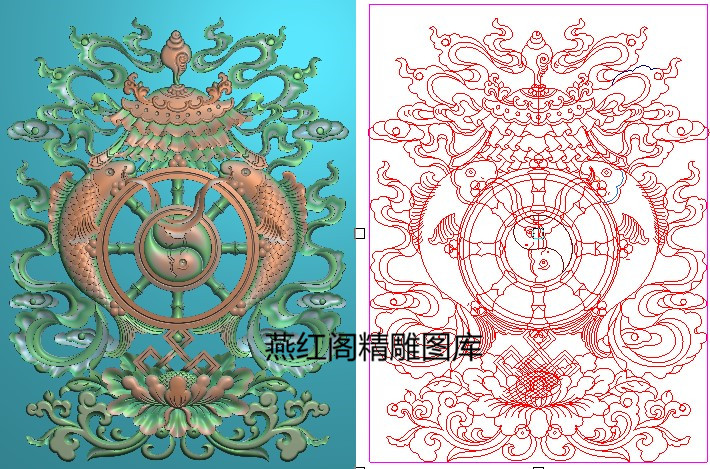 牡丹花香草阴阳鱼法论双鱼伞云飘带组合八宝柜门板藏式精雕图浮雕