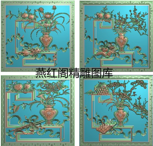 精雕图春夏秋冬花瓶方板 荷花梅菊松树四季花琴棋书画博古架门板