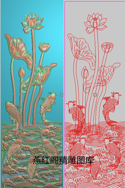 新品荷花鱼精雕图石雕灰度图浮雕铝雕鱼戏莲花水纹波浪纹门板竖屏