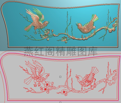 精雕图灰度图小横板浮雕图精品梅花花鸟扶手下花侧板458x183新款