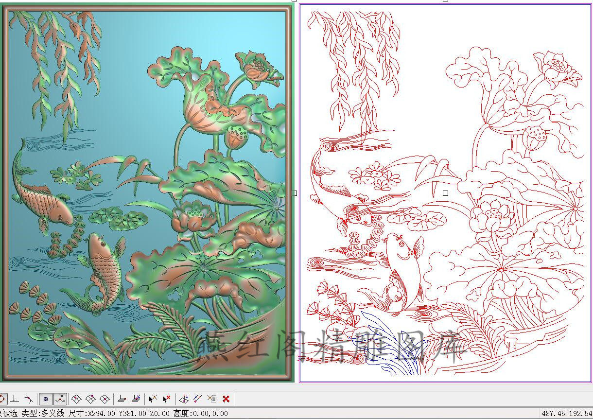 新款柳树荷花鱼精雕图边板灰度图浮雕图莲花鲤鱼门板背板294x381