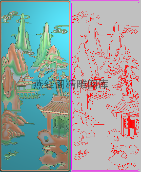 山水精雕图灰度图浮雕图精品松树楼阁凉亭祥云山水背板门板217x53