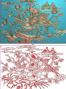 藏式深雕牡丹花鸟精雕图 祥云山水花鸟背板门板横板灰度图浮雕图