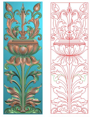 精雕图灰度图浮雕图新款藏式香草荷花洋花宝剑门板竖花板160x475