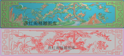 横向松鹤祥云精雕图檀雕花鸟浮雕精品兰花竹子松鹤延年沙发大背板