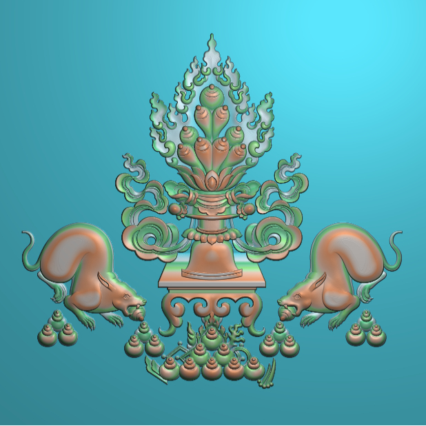 藏式火宝 鼠宝 吐宝鼠火焰花瓶飘带精雕图jdp灰度bmp格式浮雕图