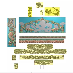 新款藏式龙沙发床精雕图,狮子扶手 子巴双龙牙板脚精雕图浮雕图