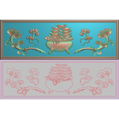 新款精雕图灰度浮雕精品灵芝如意聚宝盆元宝横板侧板背板407x136