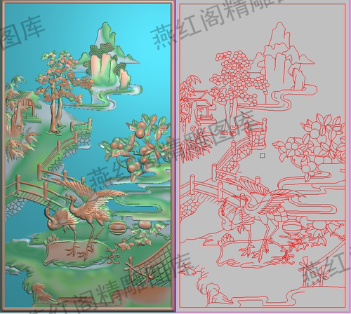 精雕图灰度浮雕图双鹤松树葡萄南瓜柿子如意山水背板门板228x408